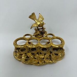 Vintage Matson Lipstick Holder Gold Tone Metal Bird Flowers Room Vanity Decor